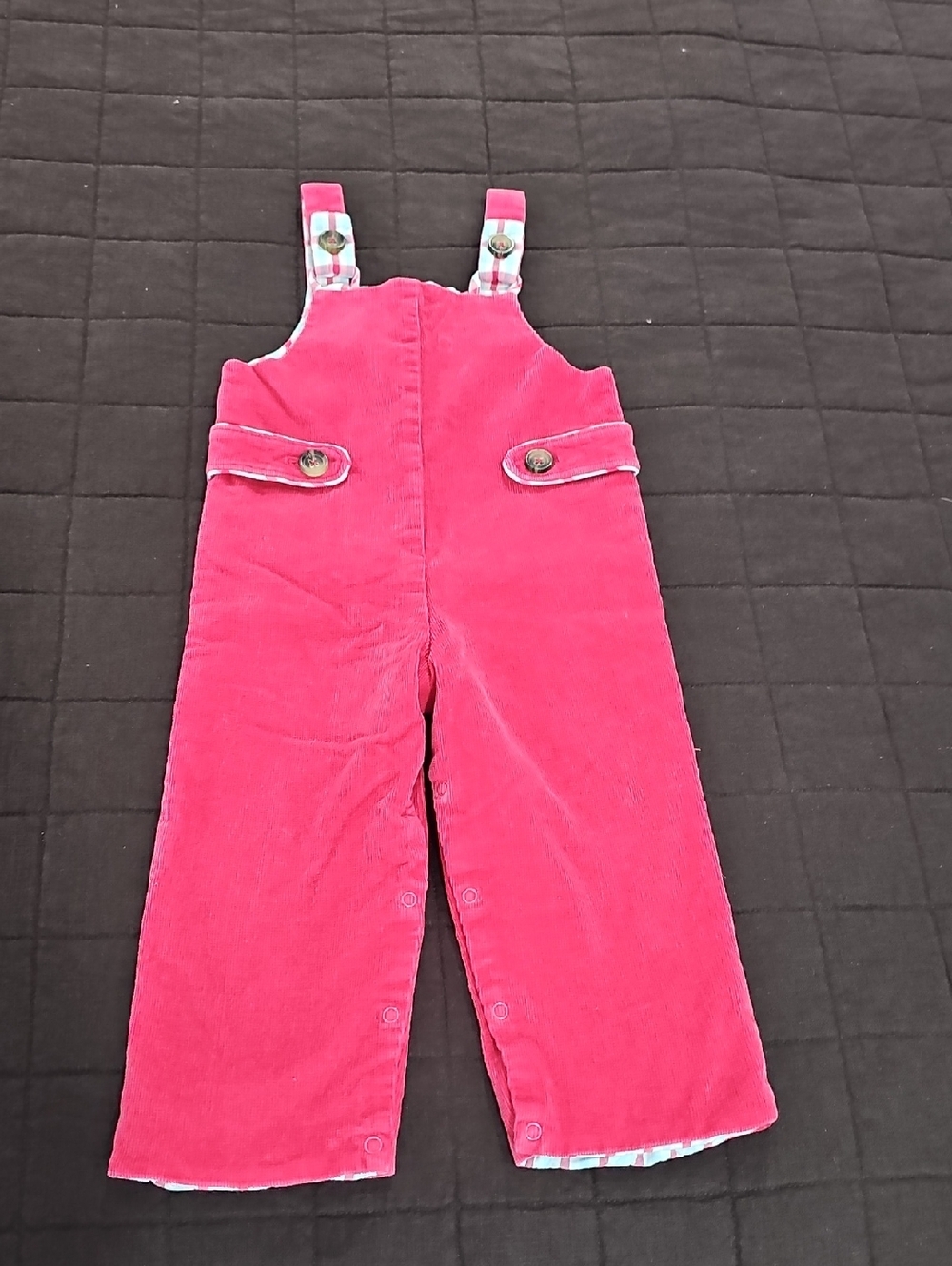 The Beaufort Bonnet Company Bright Pink Corduroy Overalls with Plaid Trim